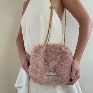 MIU MIU Blush pink Faux Fur Crossbody Bag purse clutch logo gold chain